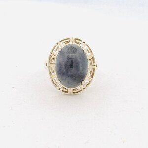 Estate Sterling Silver 925 Ring Gray Jade Oval Cabochon Size 9 Greek Key 5.8g